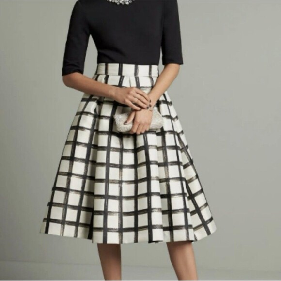 Eliza J Dresses & Skirts - Eliza J 10 Metallic Grid Plaid Pleated Midi Skirt Black Gold Whimsigoth Holiday